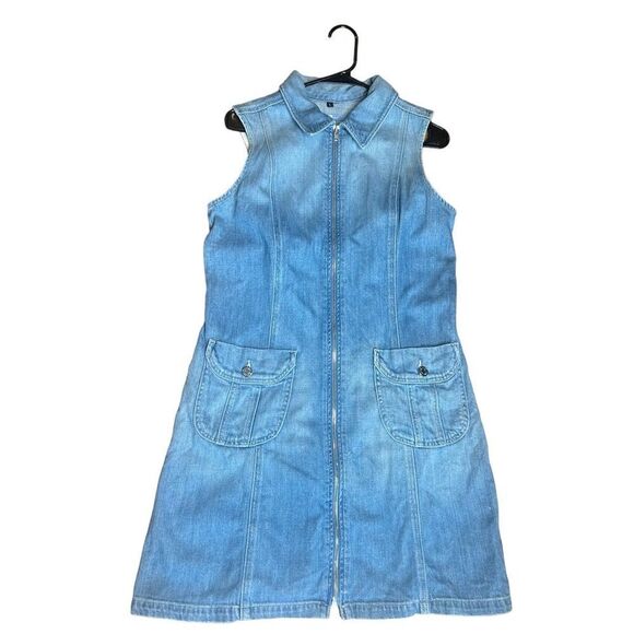 7 For All Mankind Zipper Front Denim Jean Mini Dress in Light Wash Vintage - Picture 1 of 7